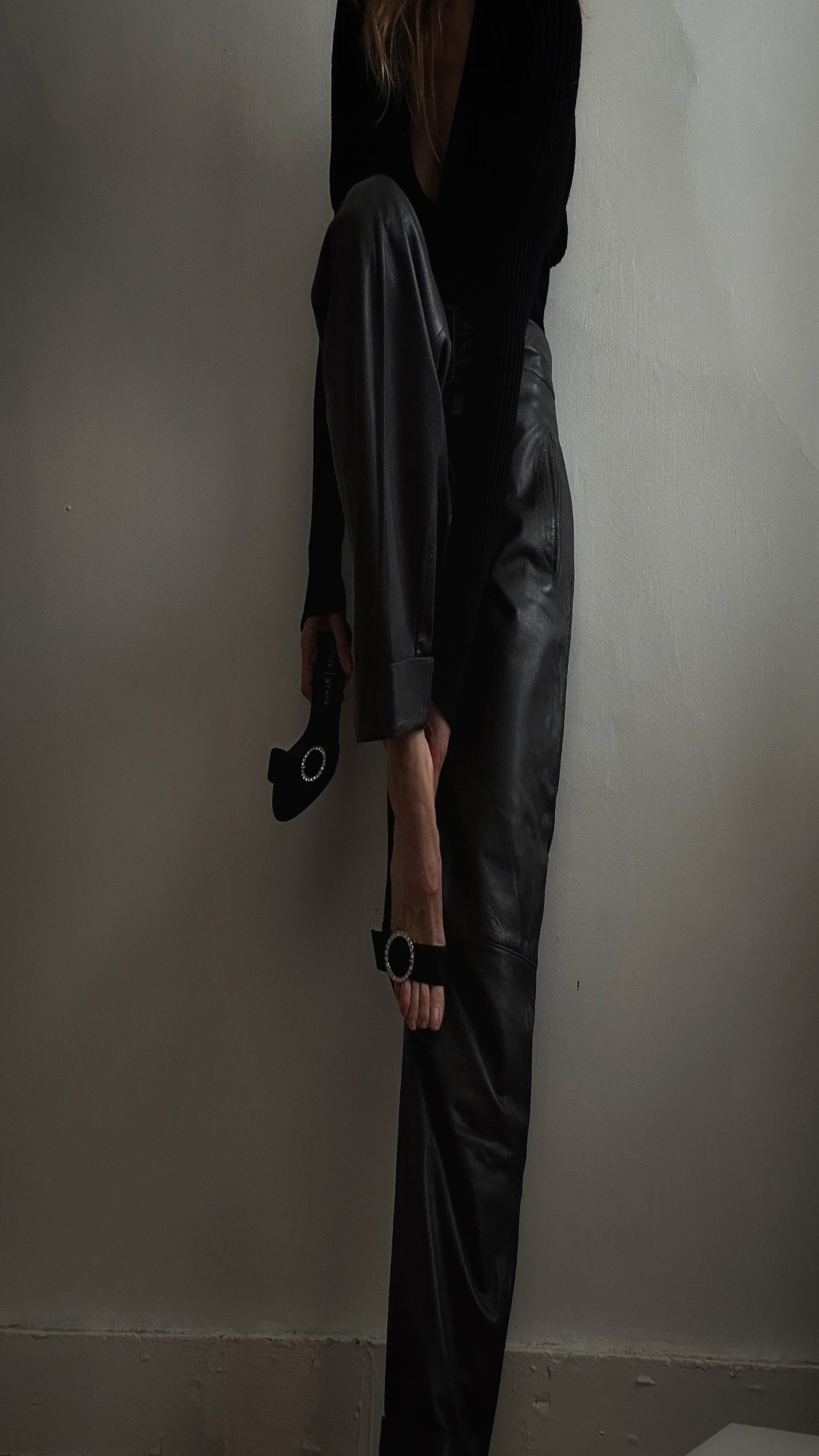 Vintage early 90s charcoal leather high-waisted cuffed trousers, unlabeled — BB Vintage by Maxine