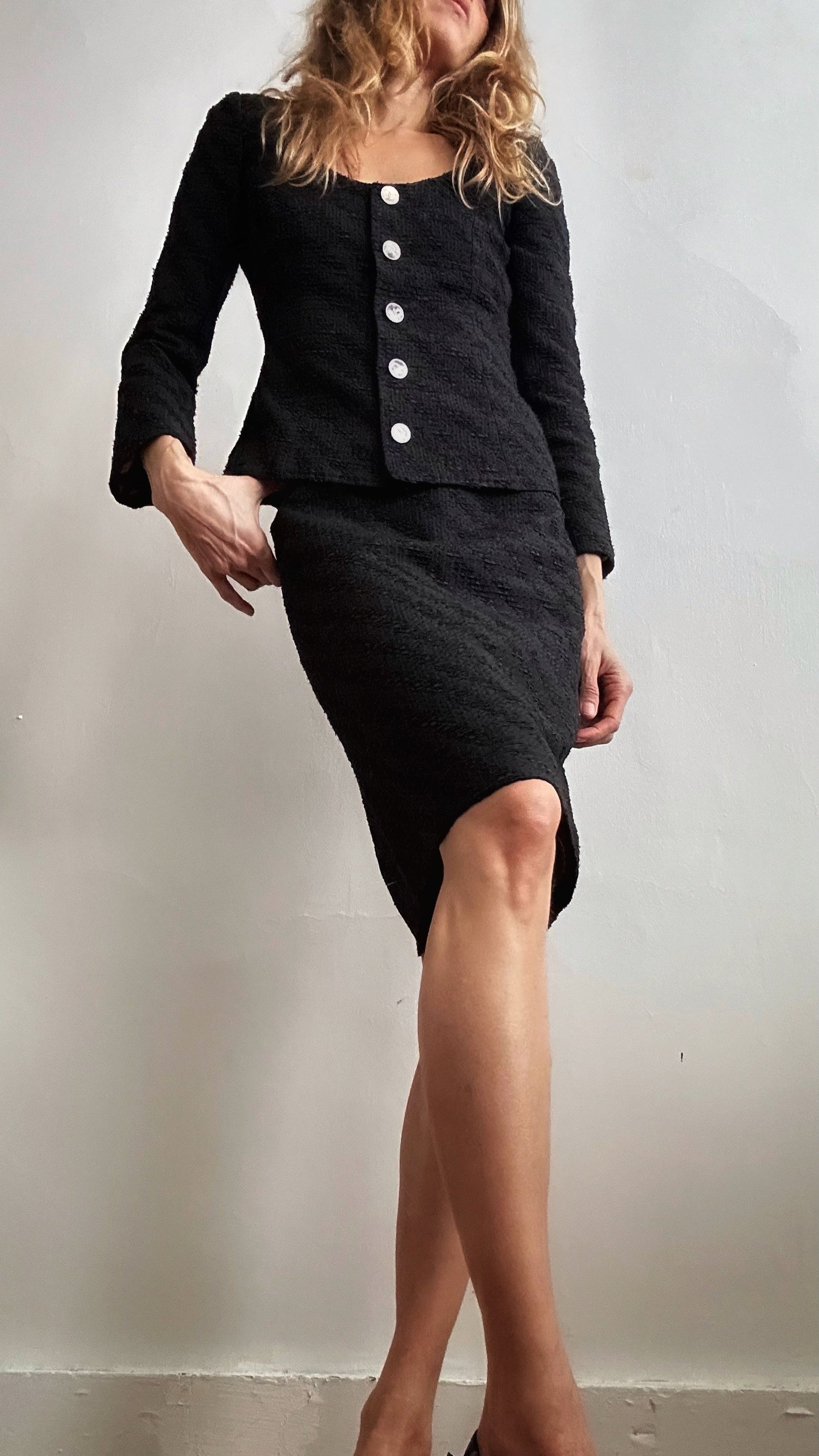 Dolce & Gabbana 90s silver D&G logo button detail, black knit pencil skirt — BB Vintage by Maxine