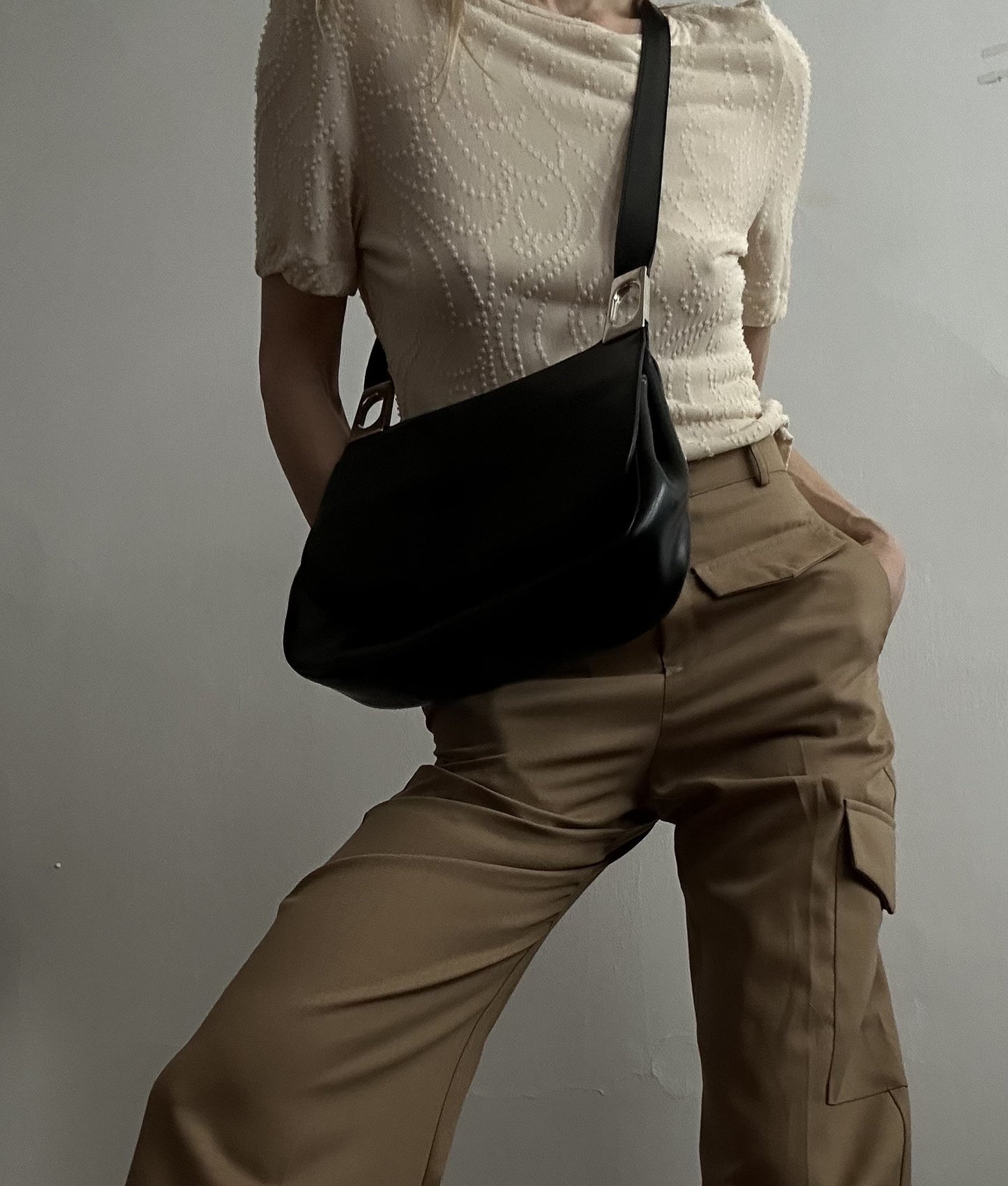 Vintage 90s black leather bag, silver hardware, minimal design — BB Vintage by Maxine