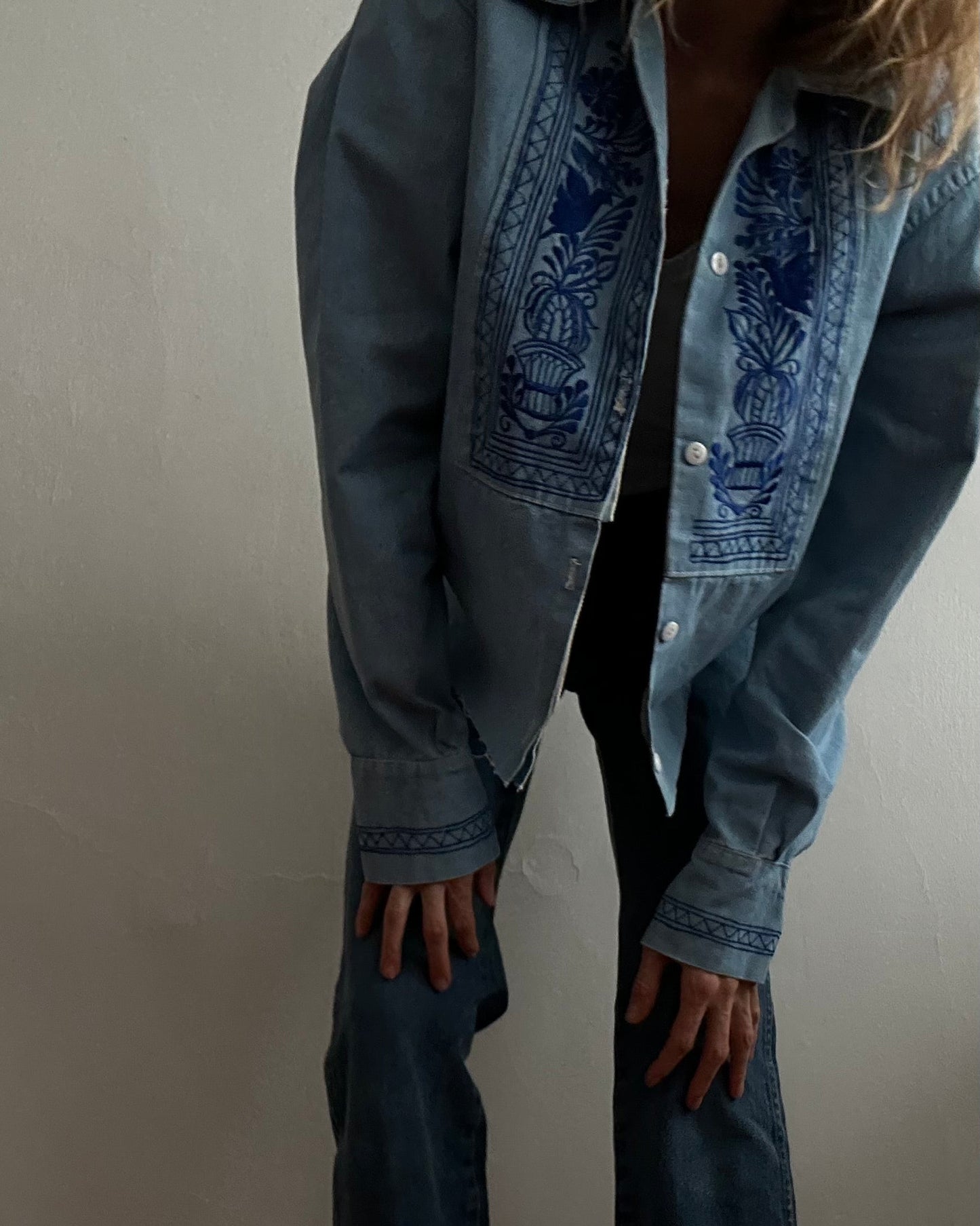 70s handmade light blue denim shirt, embroidered western detail, unlabeled — BB Vintage by Maxine