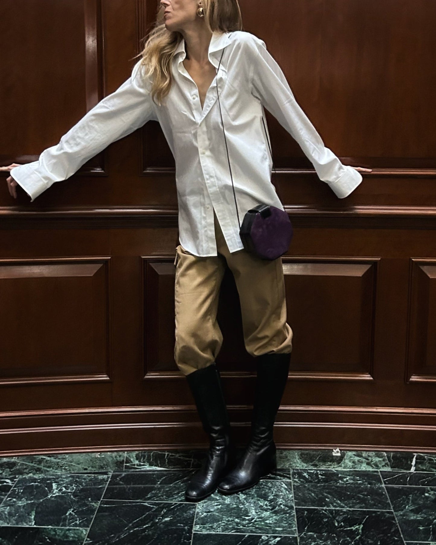 Plum suede and leather octagon bag, unique geometric silhouette, button closure — BB Vintage by Maxine