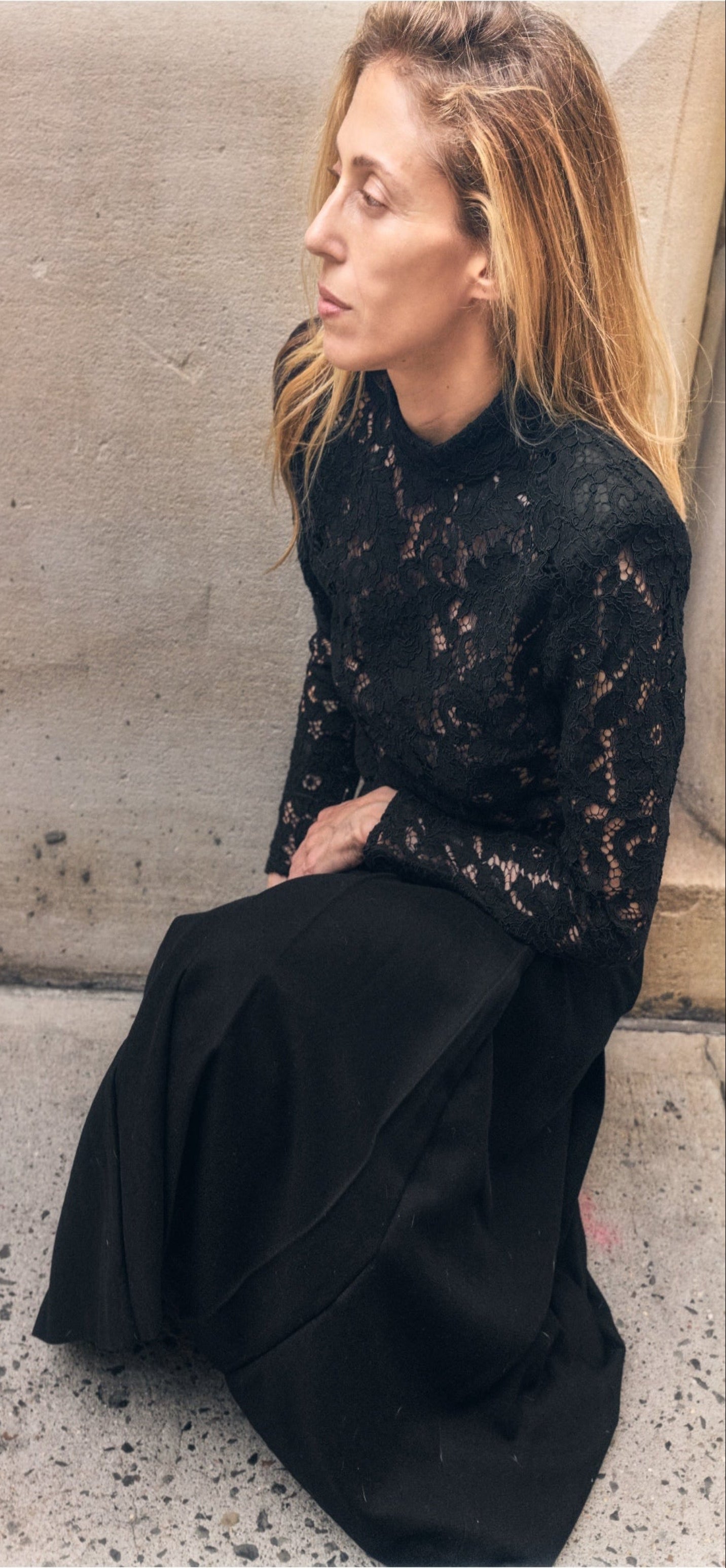 Black sheer lace blouse, structured shoulder pads, zip back closure, unlabeled — BB Vintage by Maxine