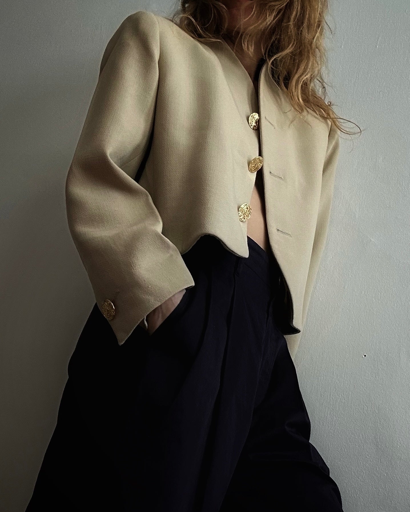 Vintage YSL 1994 cream wool cropped blazer, notch lapel, mint condition — BB Vintage by Maxine