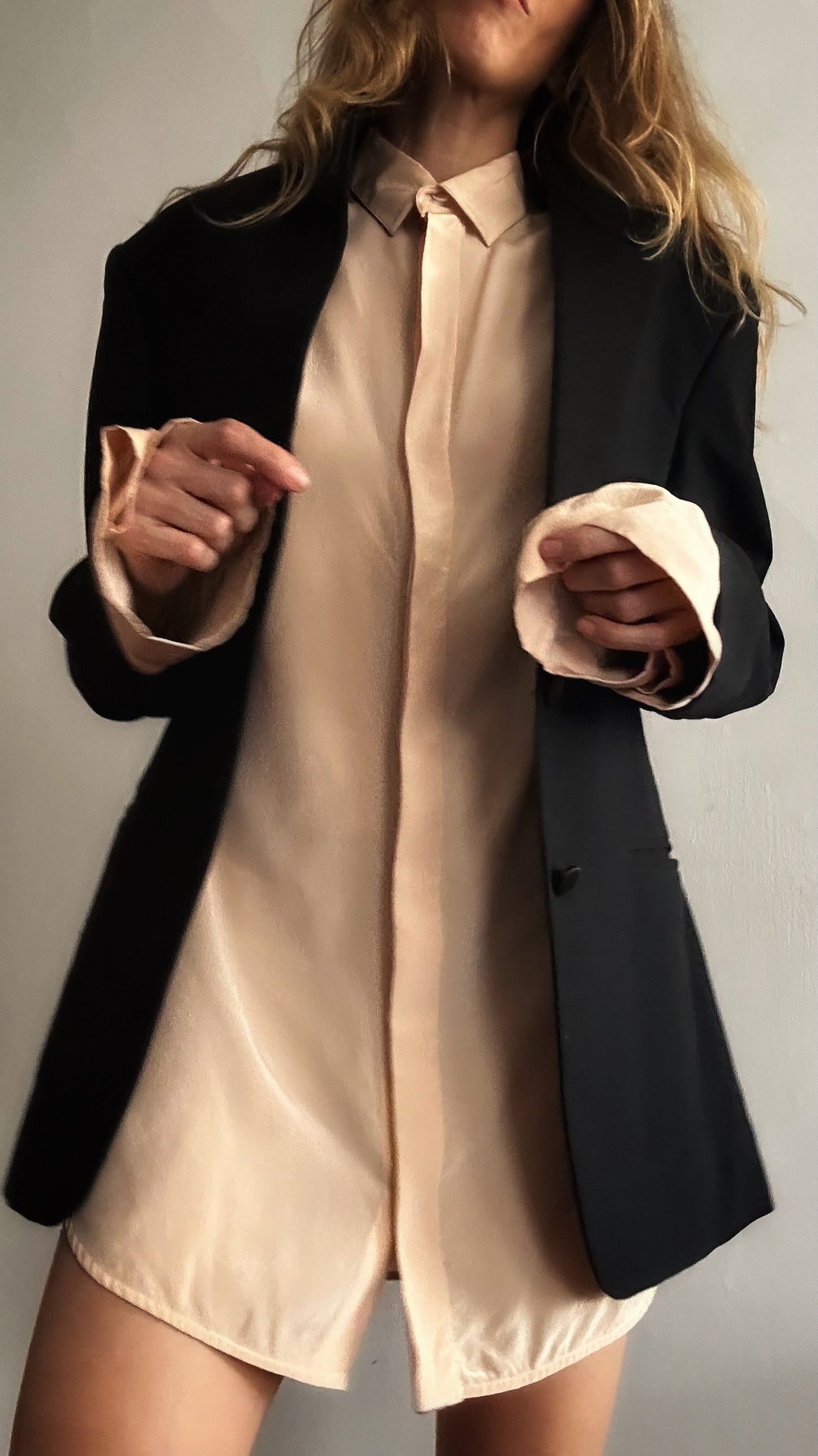 Vintage Celine nude silk blouse, loose fit, trumpet sleeves, pristine — BB Vintage by Maxine