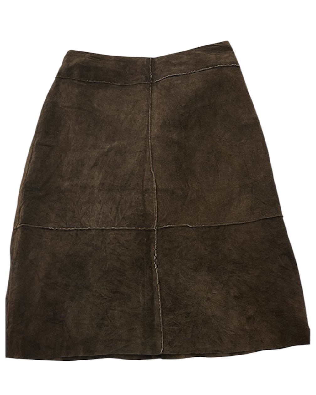 Early Y2K chocolate suede knee-length skirt, front view, excellent condition — BB Vintage by Maxine