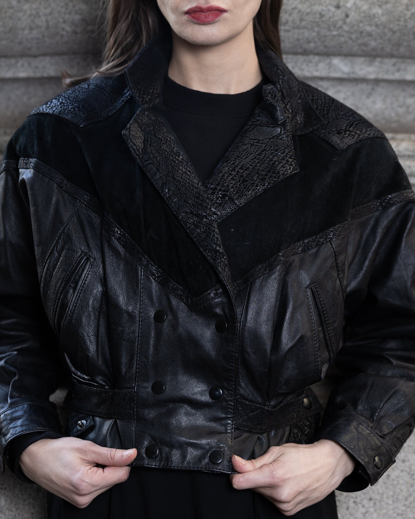 80s black leather and suede bomber jacket, cropped, structured shoulder pads, button closure — BB Vintage by Maxine