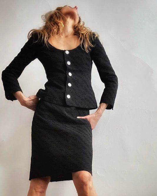 90s Dolce & Gabbana black ribbed knit two-piece, boat neck top, pencil skirt, silver D&G logo buttons — BB Vintage by Maxine