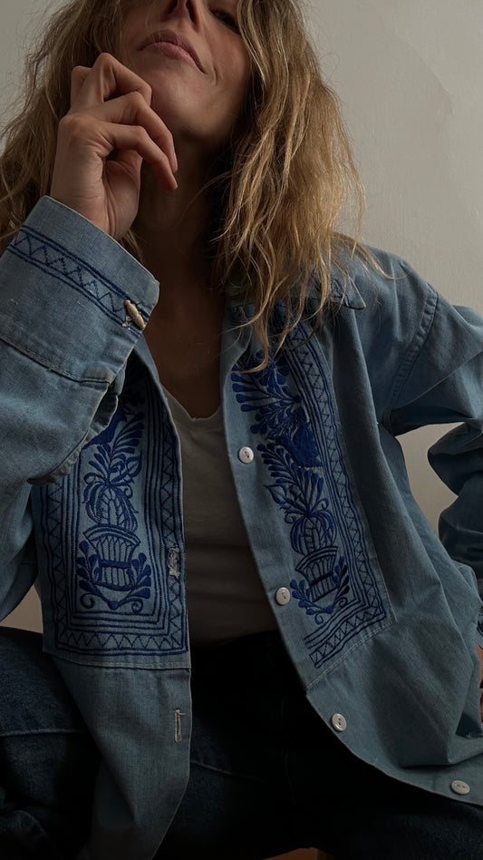 Denim Shirts Jeans Button Down Vintage Embroidery