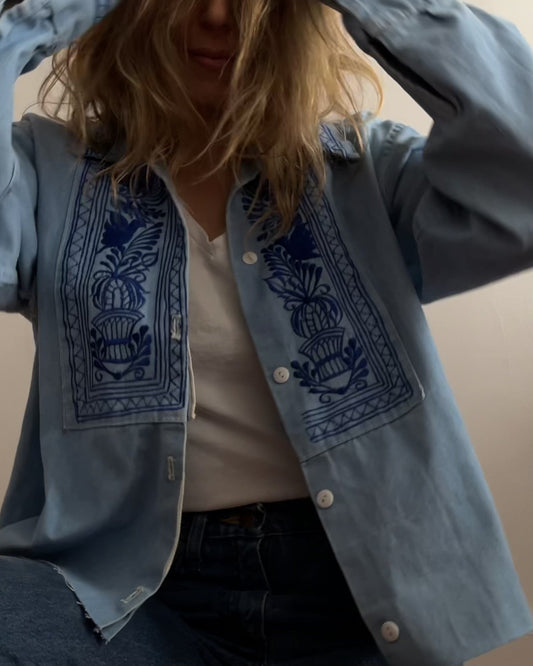 70s handmade light blue embroidered denim shirt, western floral detail, worn open — BB Vintage by Maxine

