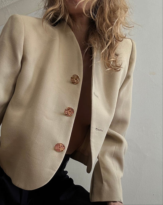 YSL Winter 1994 cream wool cropped blazer, notch lapel, silver D&G logo buttons, mint condition — BB Vintage by Maxine