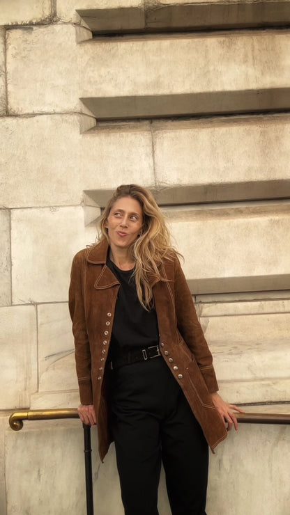Suede Jacket Brown leather 60s Button Down Coat Waist Jacket 