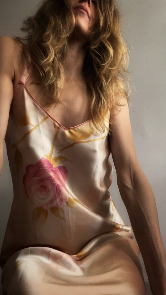 Late 90s Oscar de la Renta champagne silk slip dress, bias cut, delicate straps, mint condition — BB Vintage by Maxine