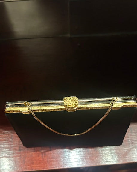 80s black satin bag, gold bar closure detail, chain handle — BB Vintage by Maxine