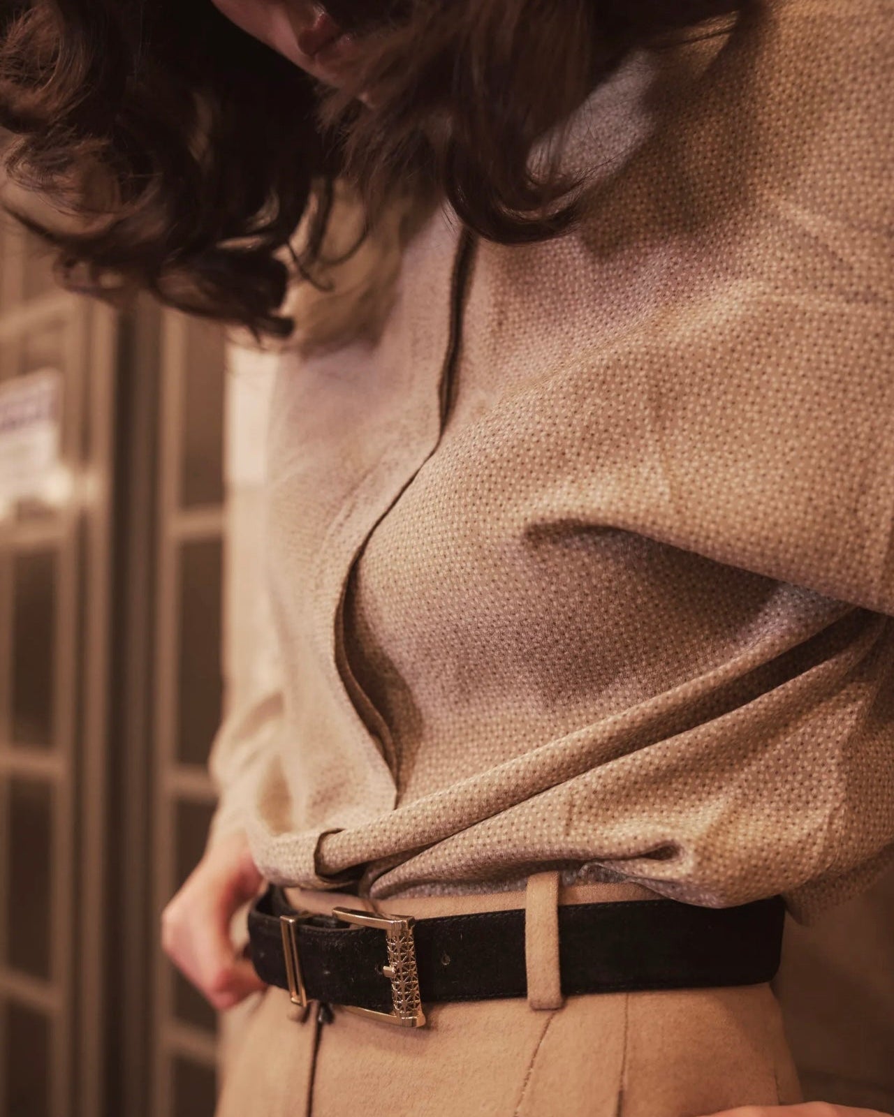 Christian Dior late 80s camel silk blouse, high neck detail, shoulder pads — BB Vintage by Maxine