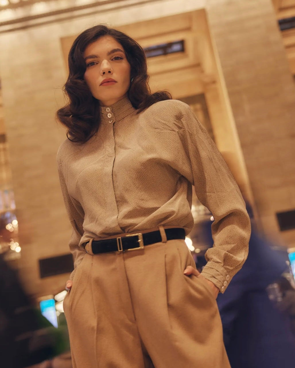 Christian Dior 80s camel silk high-neck blouse, mint condition, unlabeled — BB Vintage by Maxine