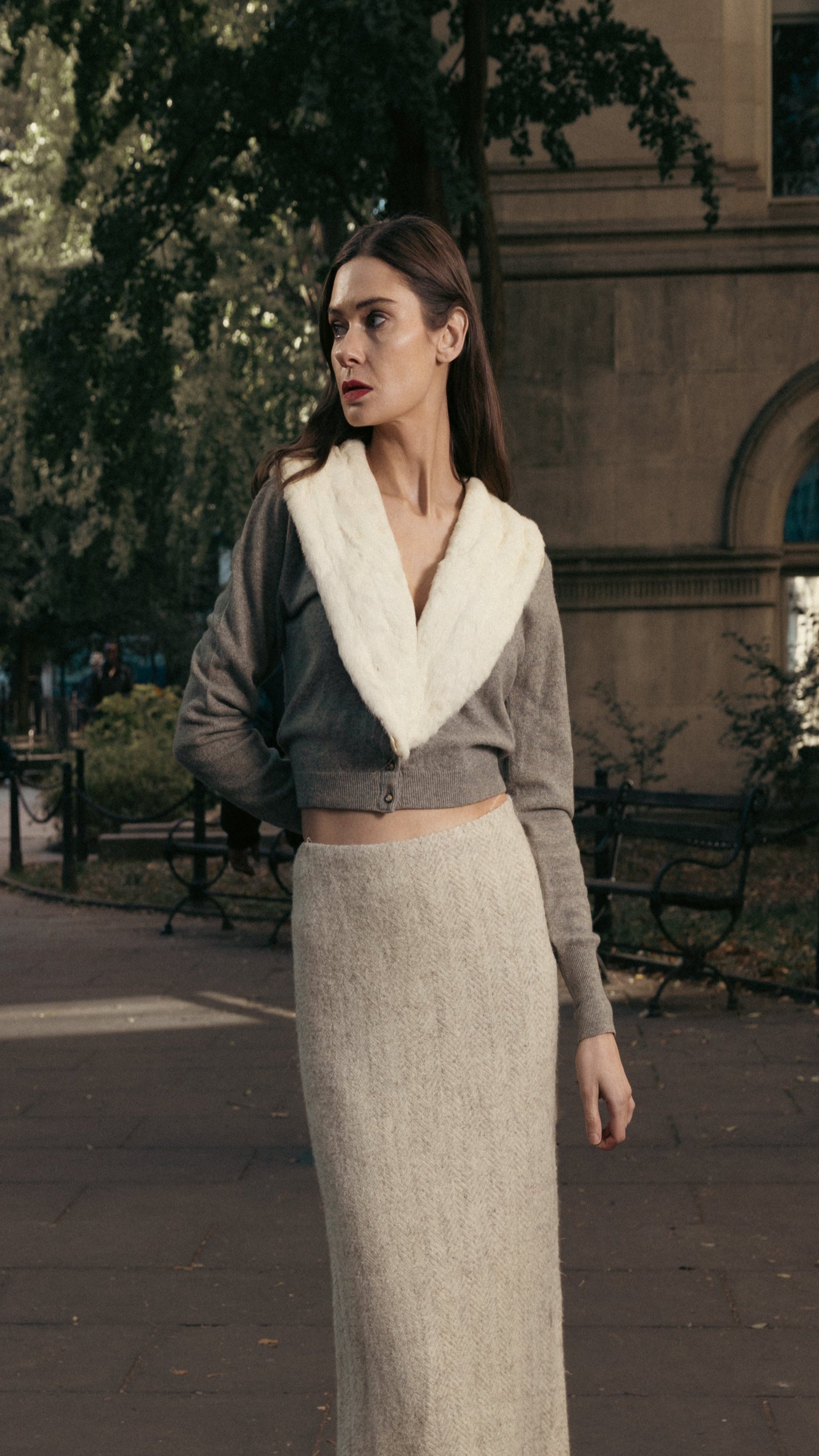 cardigan sweater cashmere fur buttons grey beige