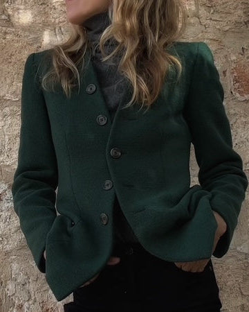 Giorgio Armani vintage blazer front view, single button closure, structured shoulders