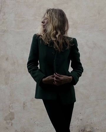 Giorgio Armani 90s vintage forest green structured blazer, back view, satin lining interior