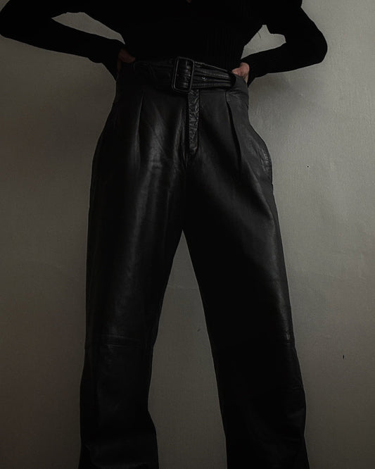 Early 90s charcoal leather high-waisted trousers, zip closure, cuffed hem — BB Vintage by Maxine